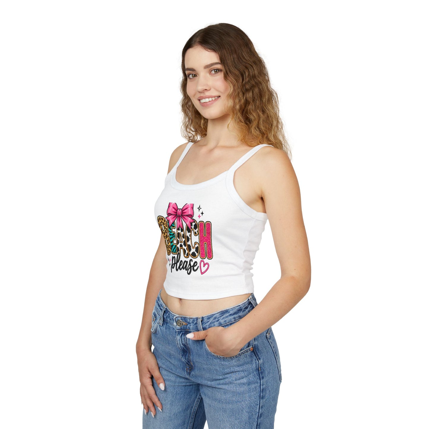 Beach Please Tank Top — Leopard Print & Pink Bow Cropped Spaghetti Strap