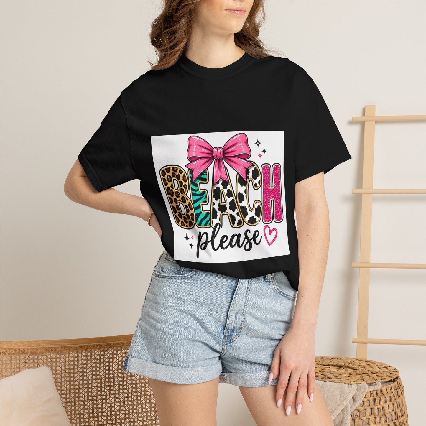 Beach Please T-Shirt — Leopard Print & Pink Bow Summer Tee