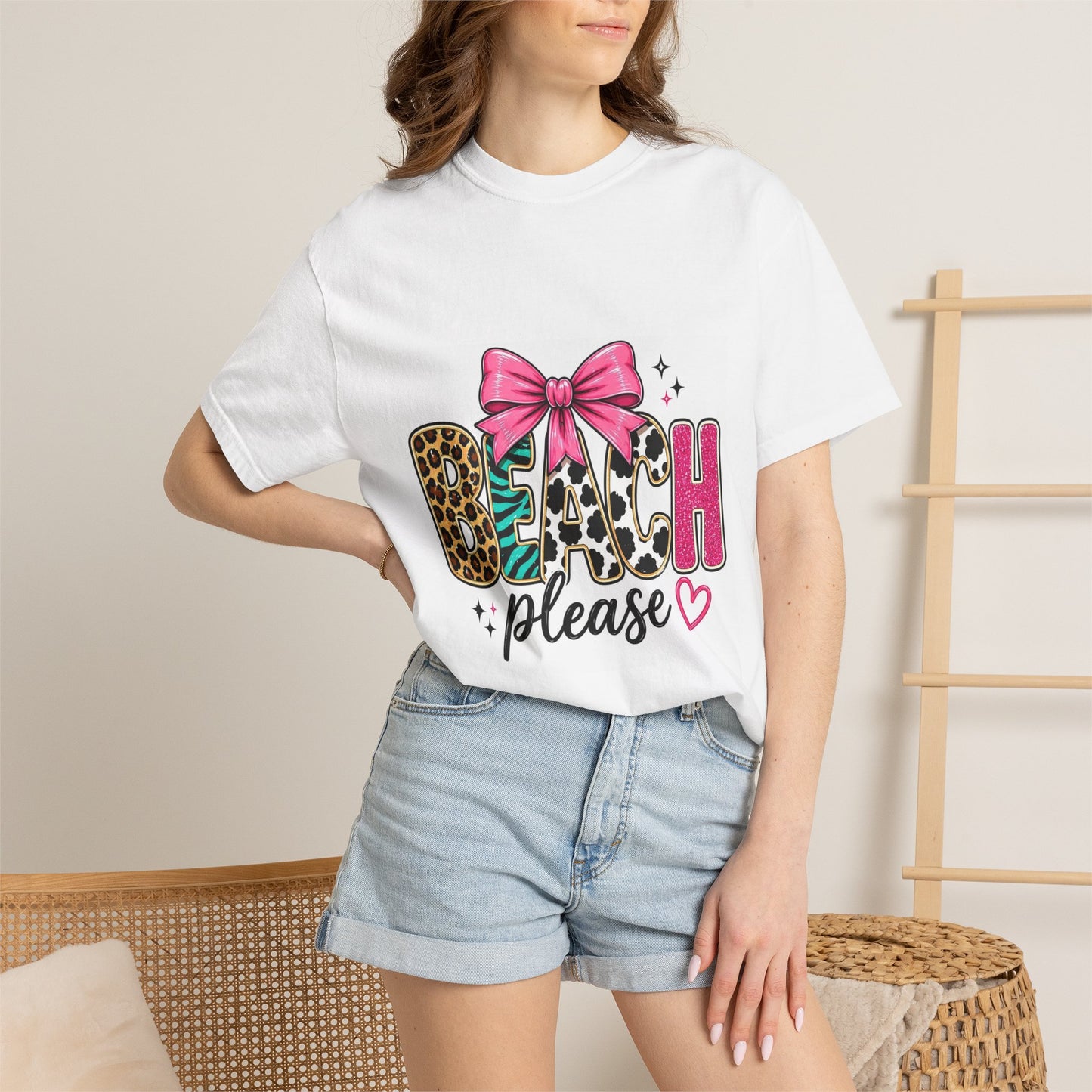 Beach Please T-Shirt — Leopard Print & Pink Bow Summer Tee