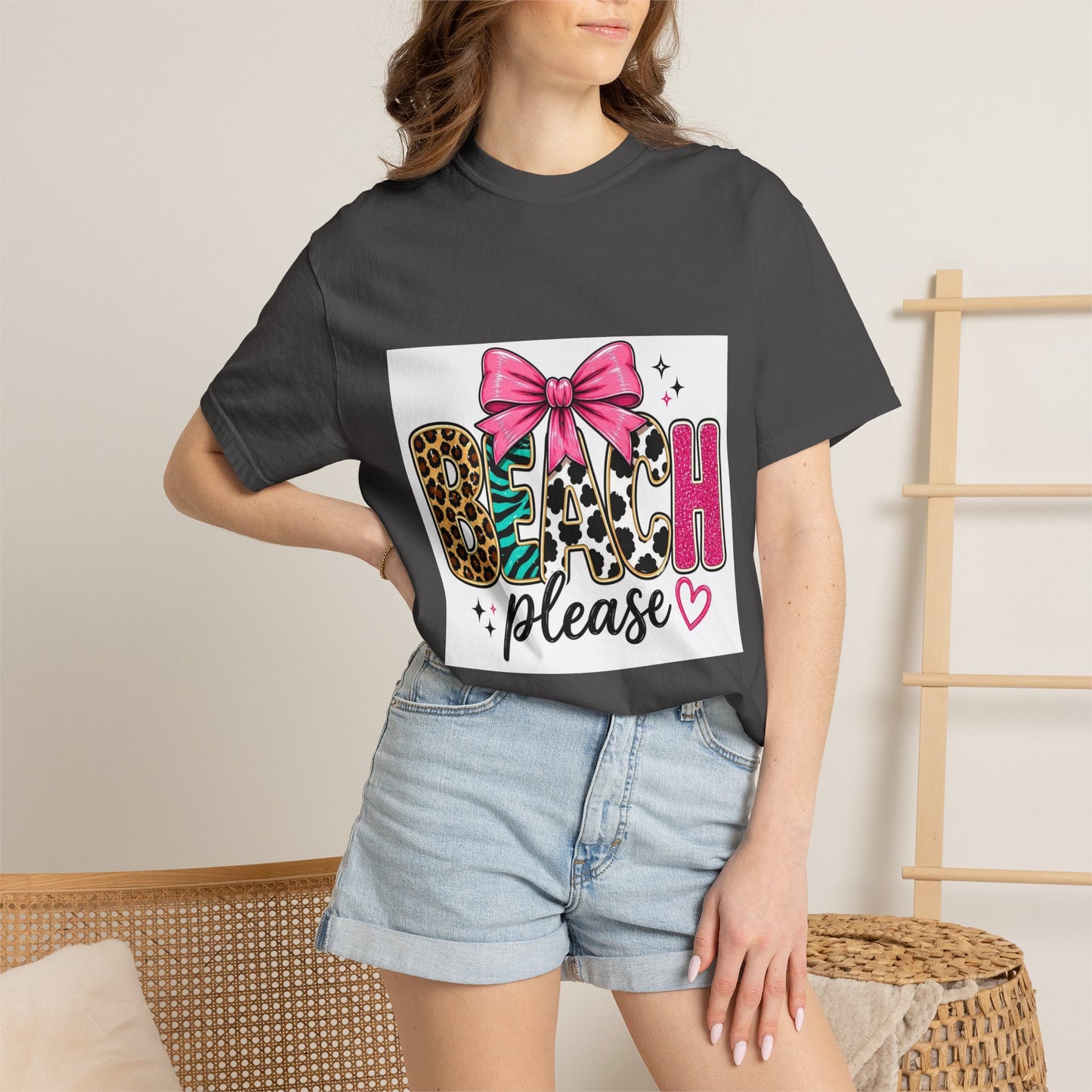 Beach Please T-Shirt — Leopard Print & Pink Bow Summer Tee