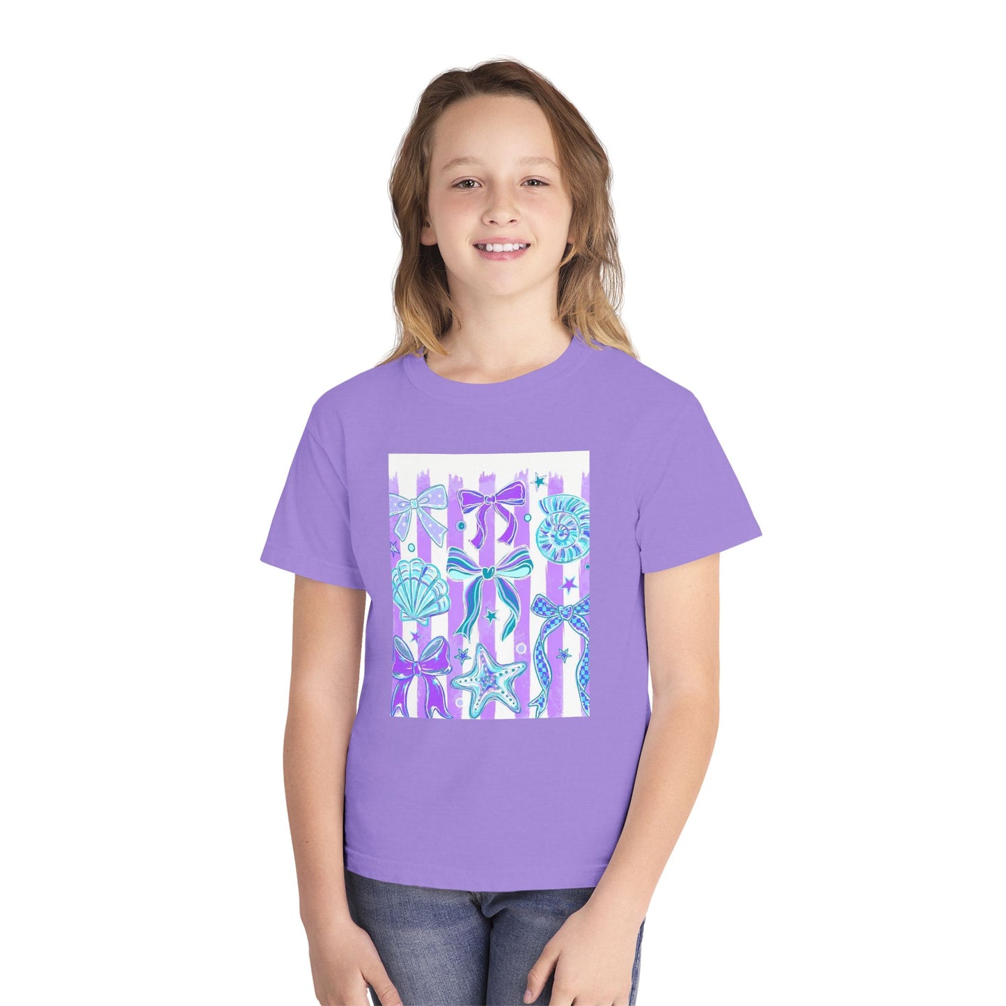 Youth Seashells Tee — Pastel Mermaid Shells & Starfish Graphic