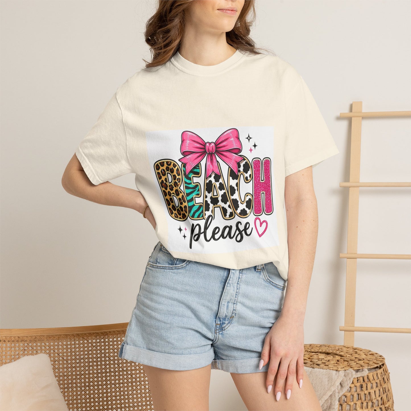Beach Please T-Shirt — Leopard Print & Pink Bow Summer Tee