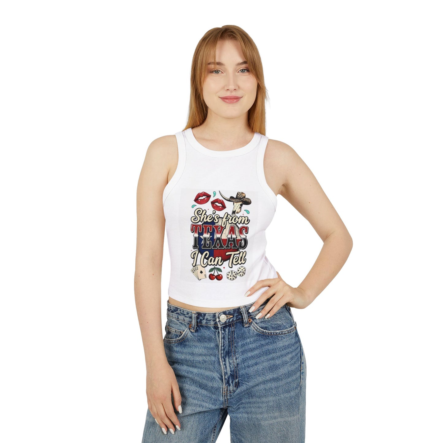 Texas Girl Graphic Racer Tank — "She's From Texas I Can Tell"