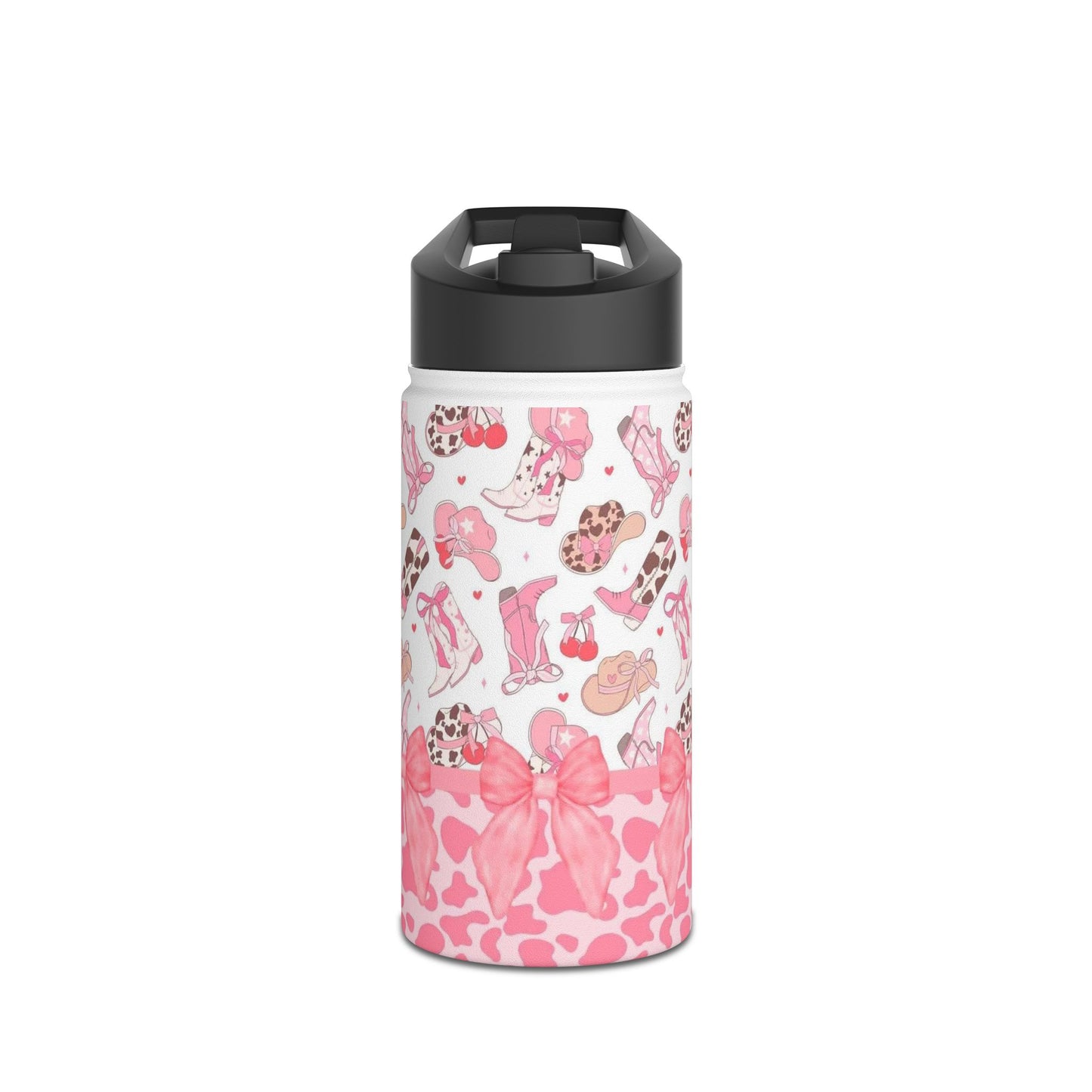 Pink Cowgirl Boots & Bows Stainless Steel Water Bottle — Cute Western Pattern