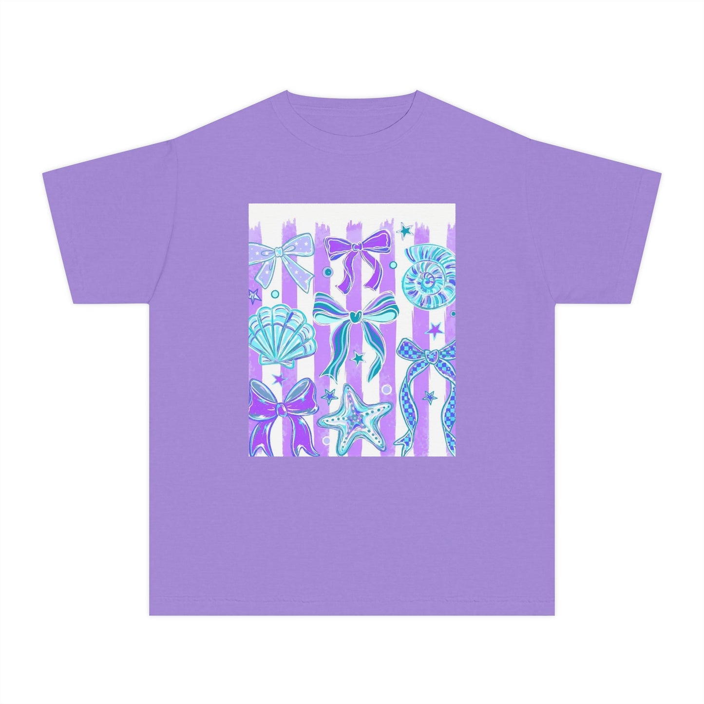 Youth Seashells Tee — Pastel Mermaid Shells & Starfish Graphic