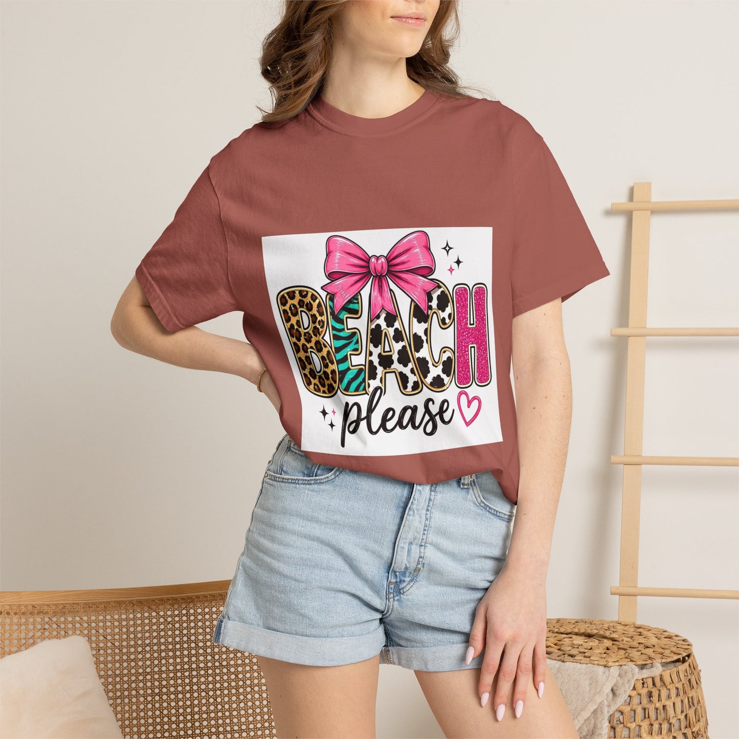Beach Please T-Shirt — Leopard Print & Pink Bow Summer Tee