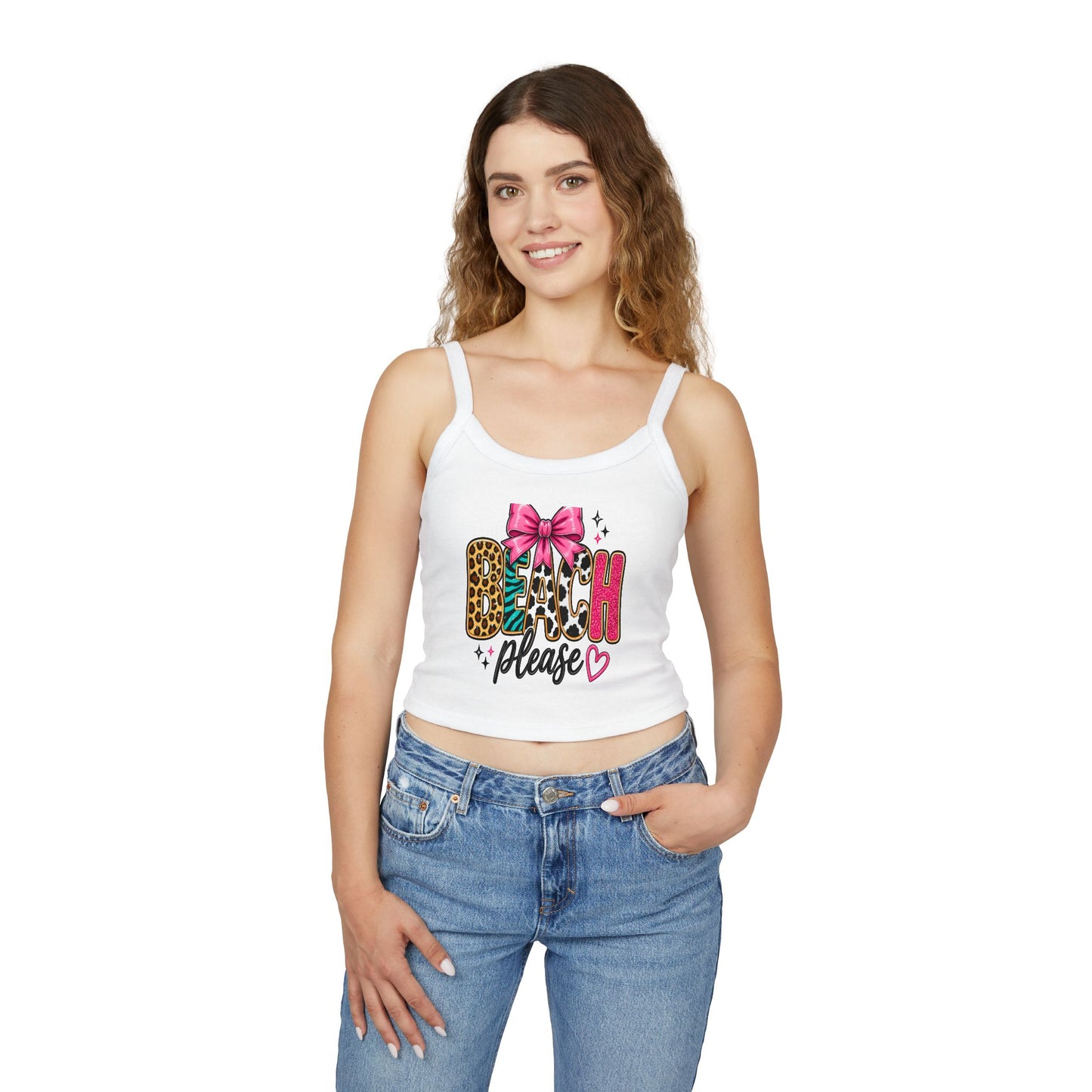 Beach Please Tank Top — Leopard Print & Pink Bow Cropped Spaghetti Strap