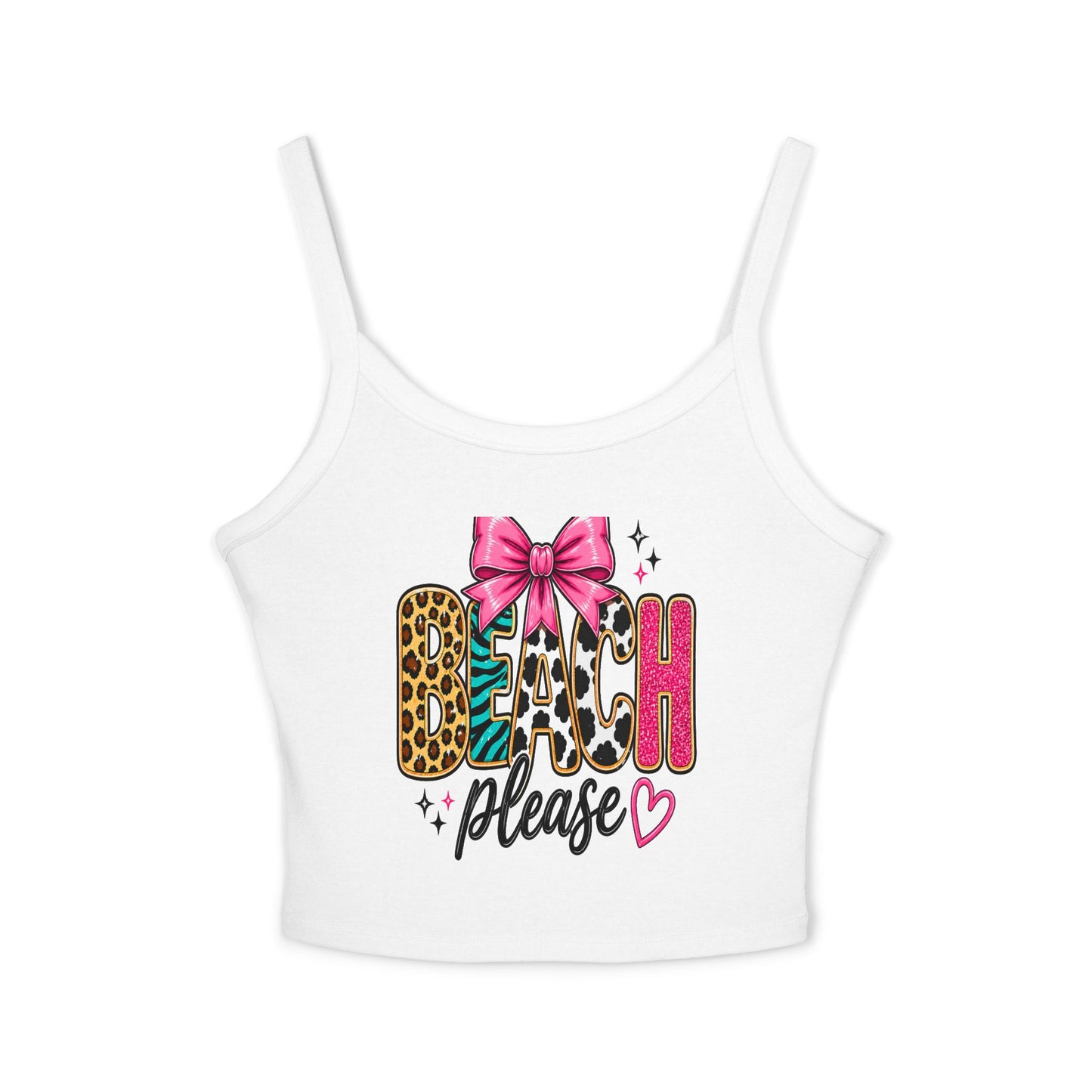 Beach Please Tank Top — Leopard Print & Pink Bow Cropped Spaghetti Strap