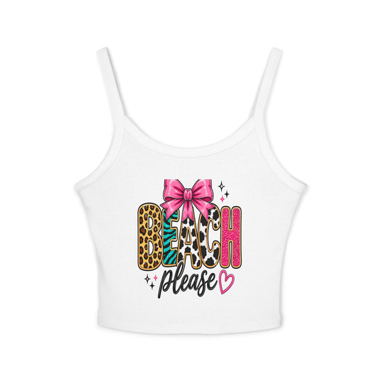 Beach Please Tank Top — Leopard Print & Pink Bow Cropped Spaghetti Strap