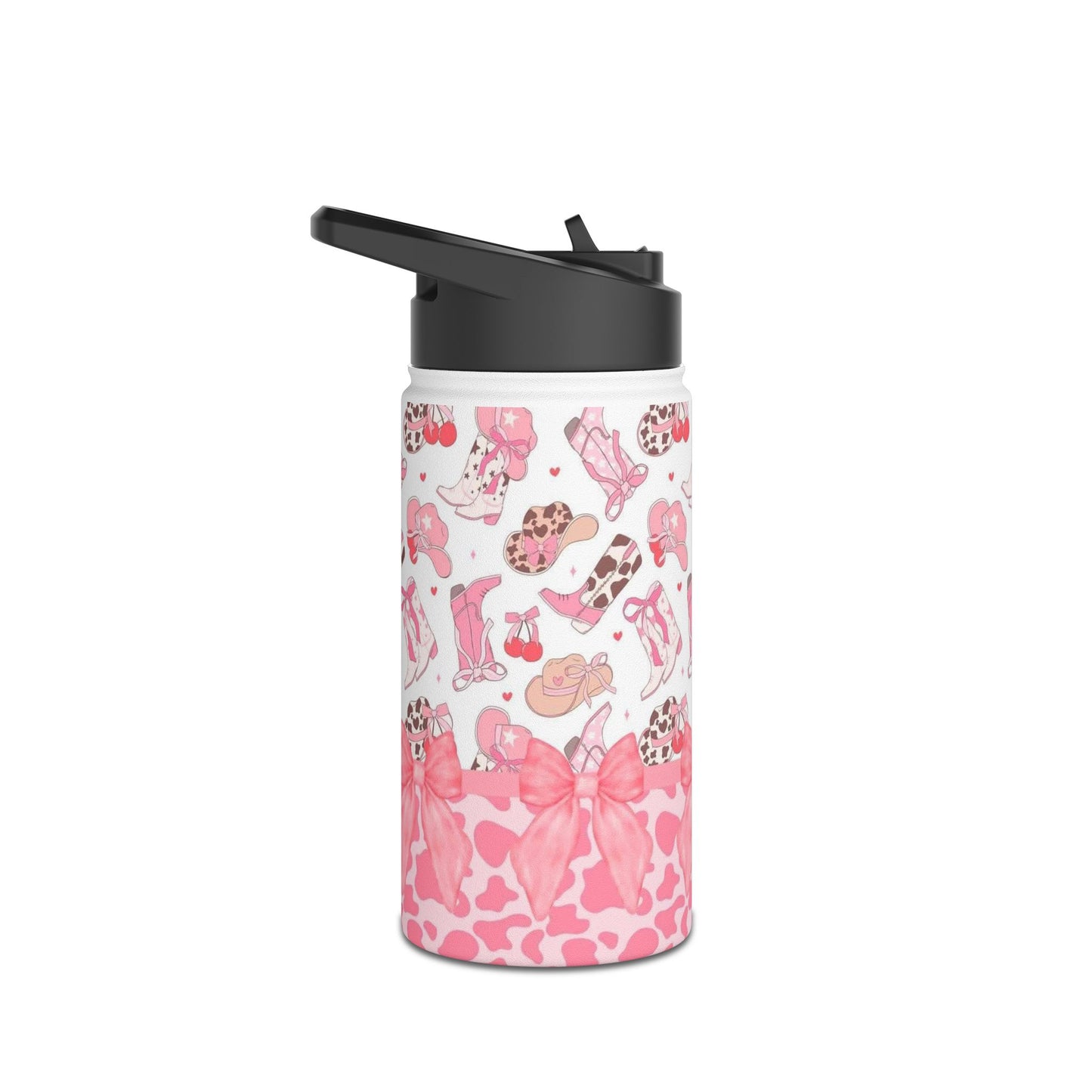 Pink Cowgirl Boots & Bows Stainless Steel Water Bottle — Cute Western Pattern
