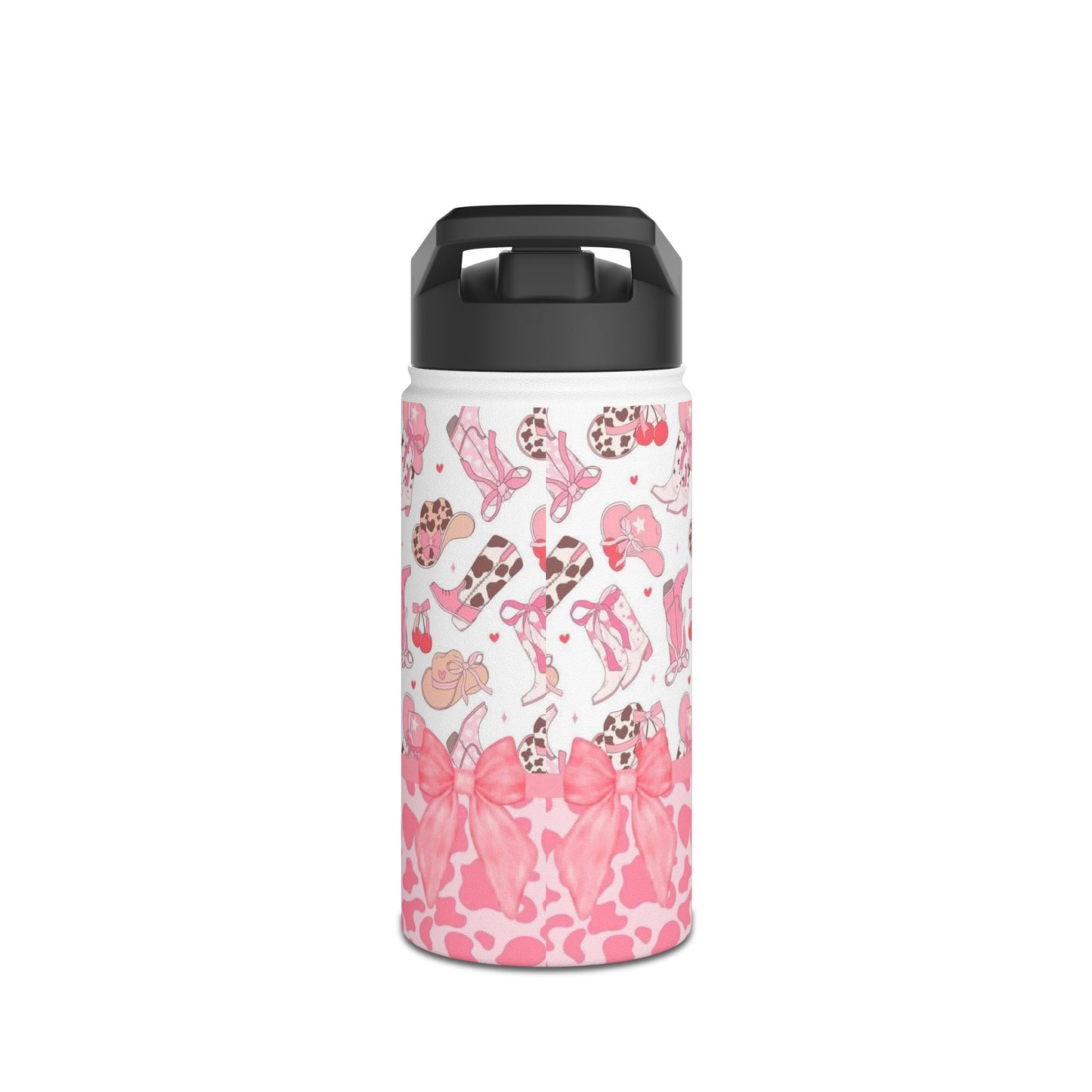Pink Cowgirl Boots & Bows Stainless Steel Water Bottle — Cute Western Pattern