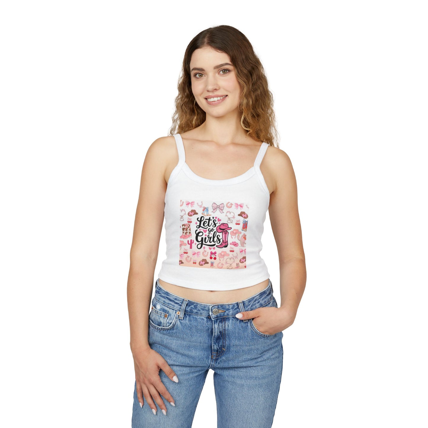 Let's Go Girls Spaghetti Strap Tank — Cute Cowgirl Graphic Crop Top