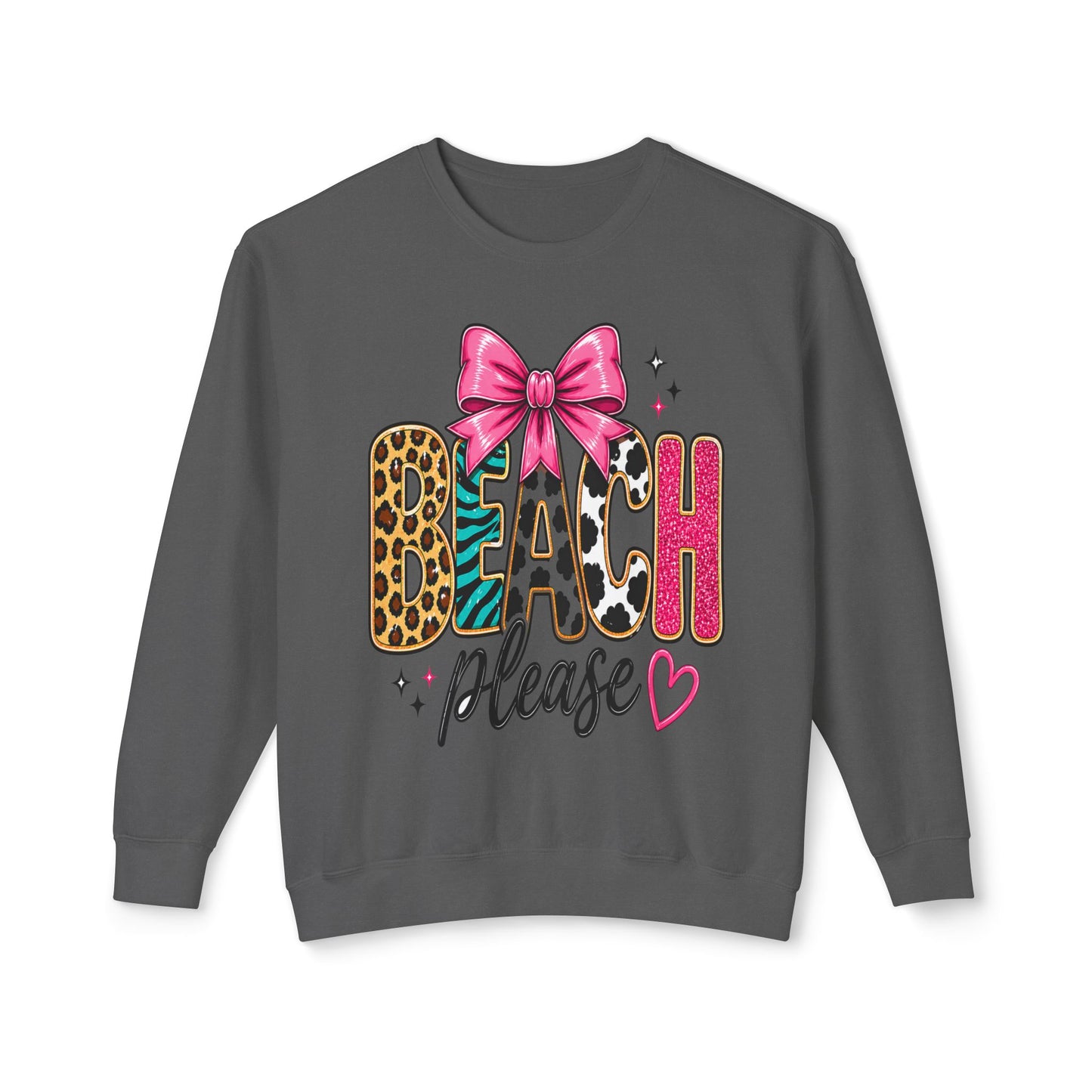Beach Please Sweatshirt – Leopard & Cow Print Bow Graphic Crewneck
